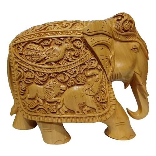 Wooden Elephant Fully Carved 15 cm Statue Idol for Home Decor/Gift Item